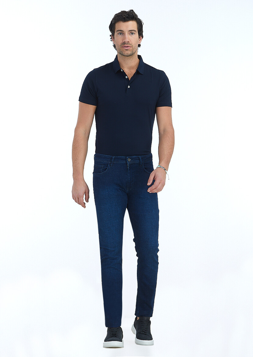 İndigo Düz Slim Fit Denim Pamuk Karışımlı Pantolon - 1