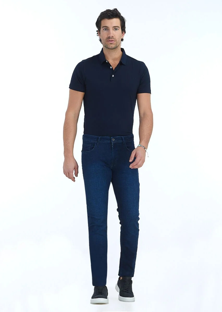 İndigo Düz Slim Fit Denim Pamuk Karışımlı Pantolon - 1