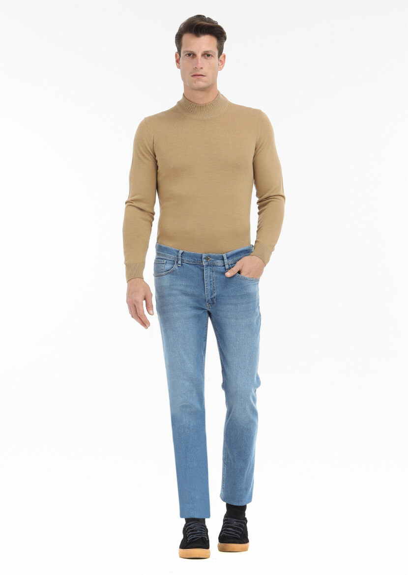 İndigo Düz Slim Fit Denim Pamuk Karışımlı Pantolon - 1