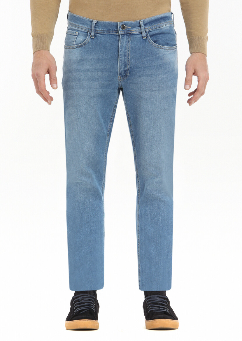 İndigo Düz Slim Fit Denim Pamuk Karışımlı Pantolon - 2