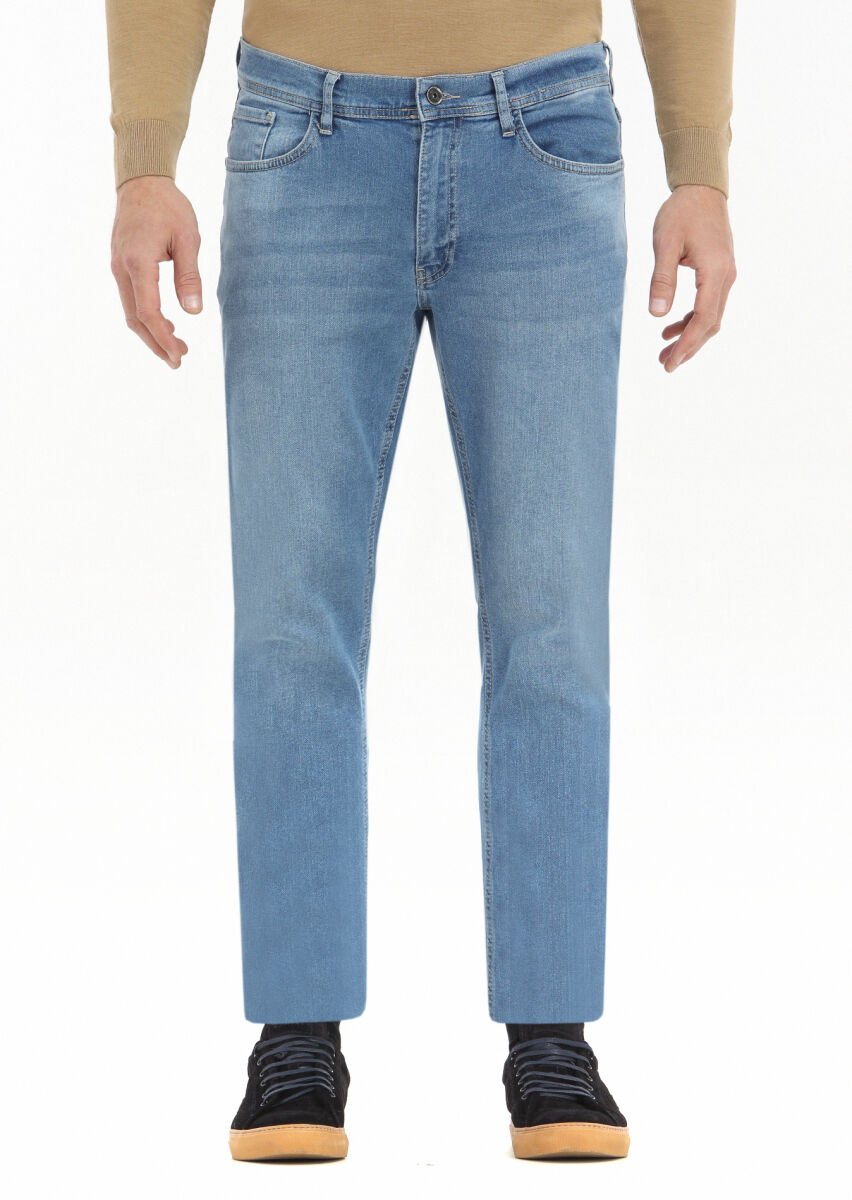 İndigo Düz Slim Fit Denim Pamuk Karışımlı Pantolon - 2