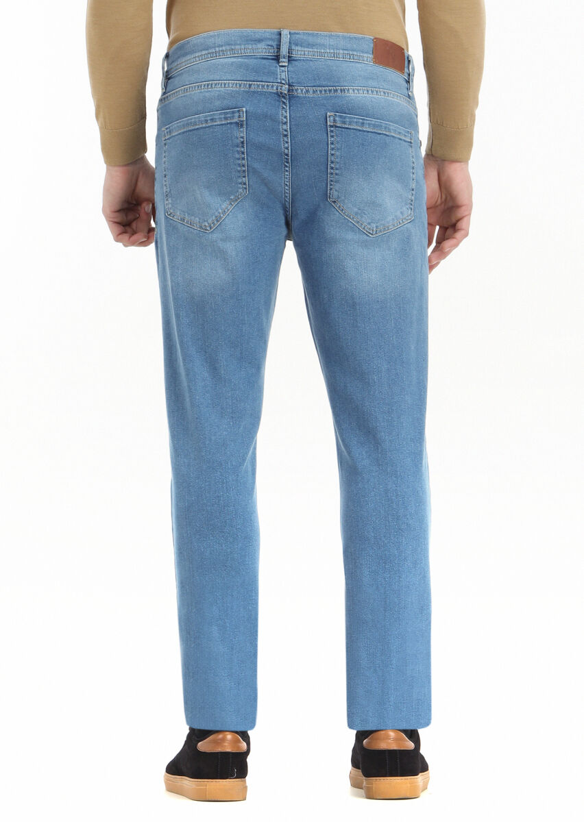 İndigo Düz Slim Fit Denim Pamuk Karışımlı Pantolon - 3