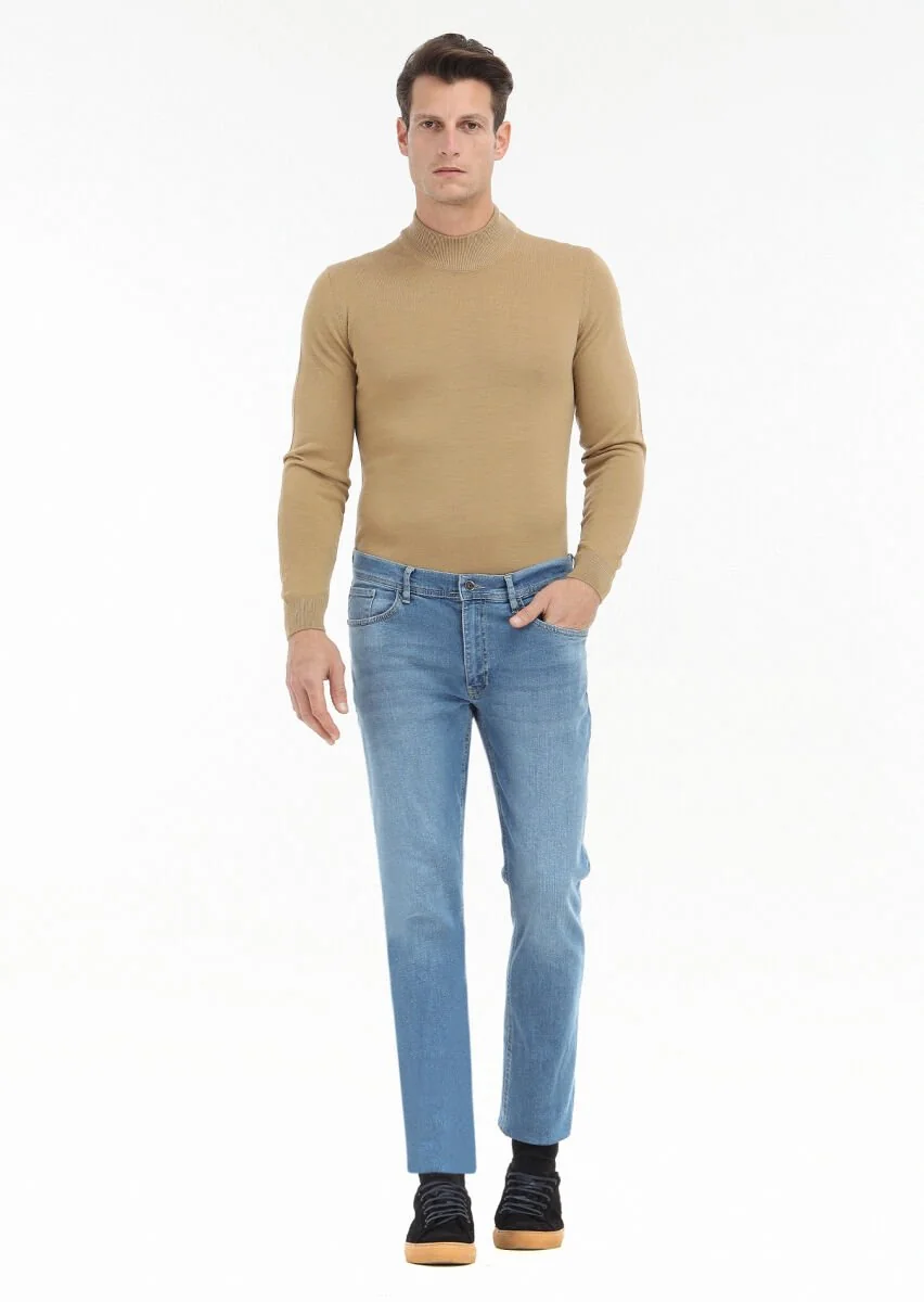İndigo Düz Slim Fit Denim Pamuk Karışımlı Pantolon - 1