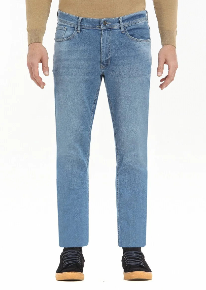 İndigo Düz Slim Fit Denim Pamuk Karışımlı Pantolon - 2