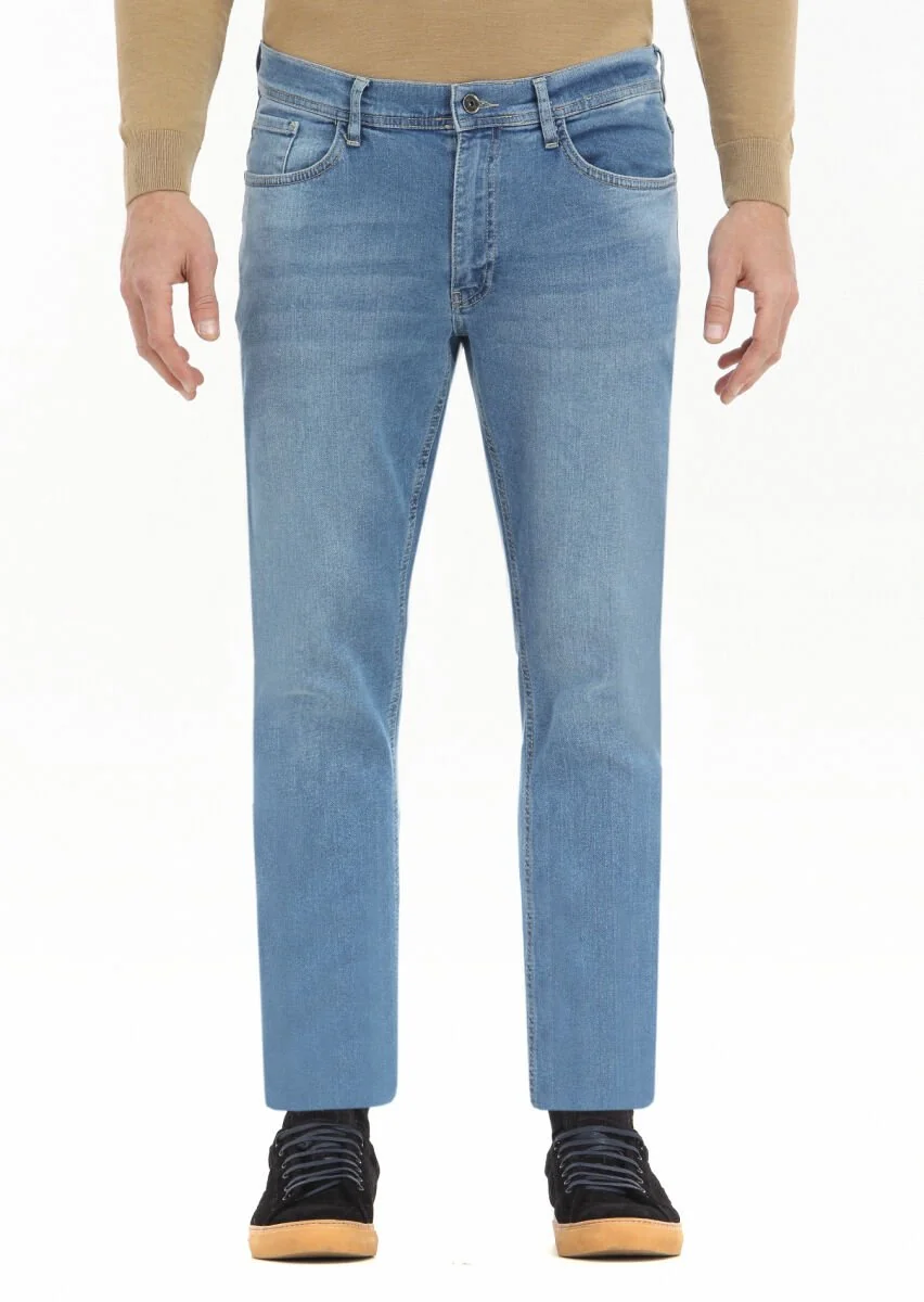 İndigo Düz Slim Fit Denim Pamuk Karışımlı Pantolon - 2