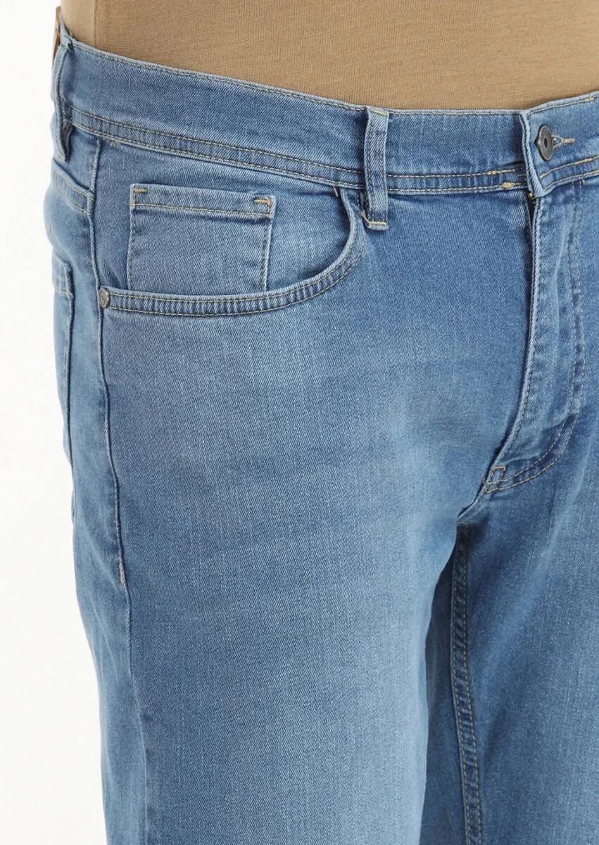 İndigo Düz Slim Fit Denim Pamuk Karışımlı Pantolon - 3