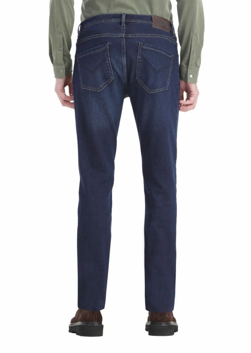 İndigo Düz Slim Fit Denim Pamuk Karışımlı Pantolon - 5