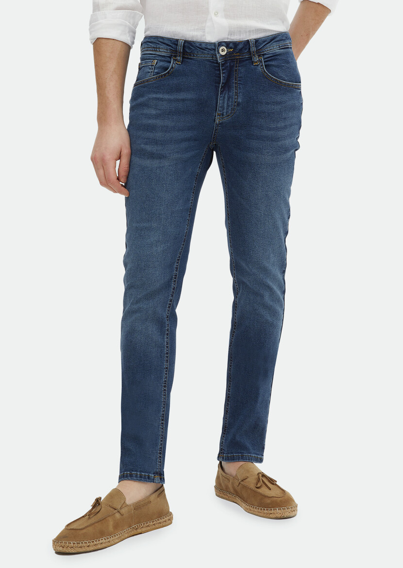 İndigo Düz Slim Fit Denim Pamuk Karışımlı Pantolon - 2