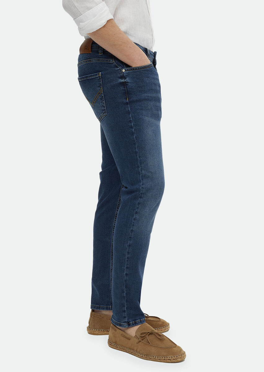 İndigo Düz Slim Fit Denim Pamuk Karışımlı Pantolon - 3