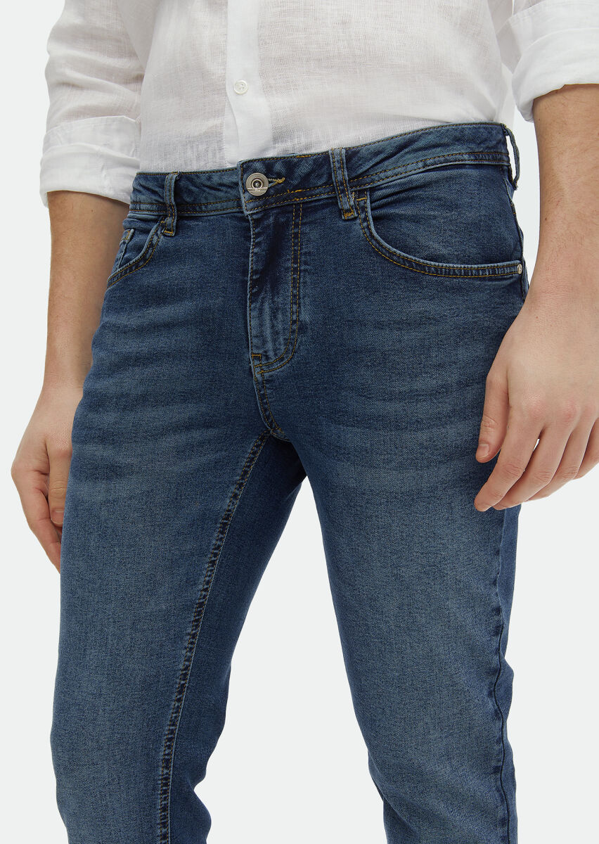 İndigo Düz Slim Fit Denim Pamuk Karışımlı Pantolon - 4
