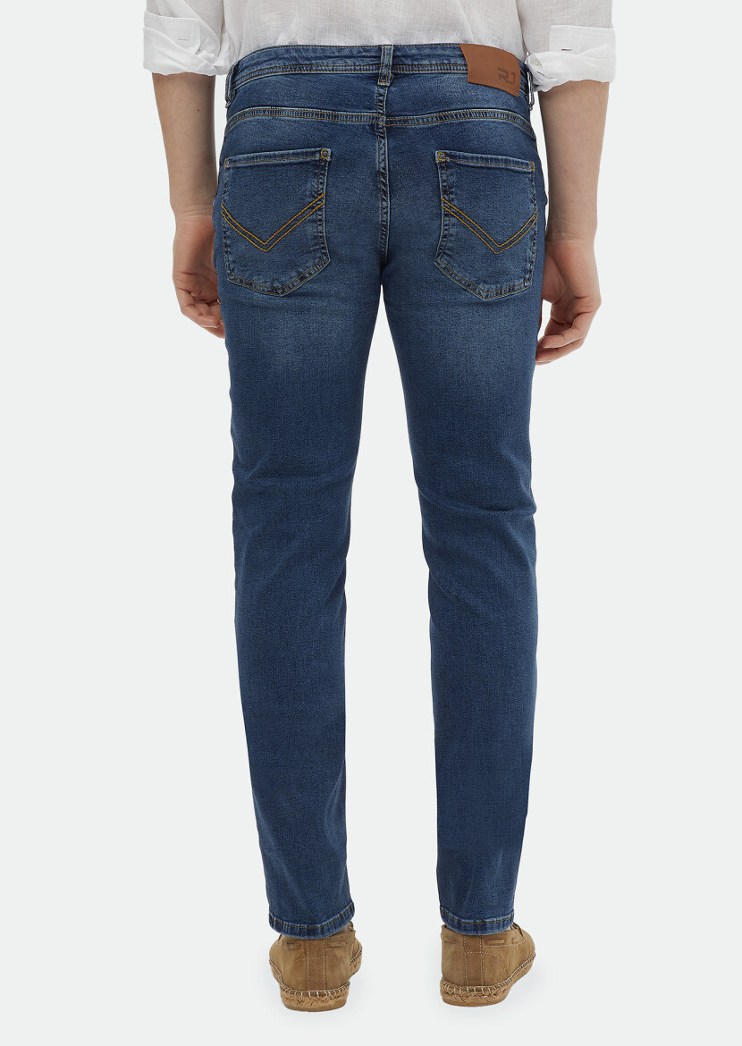 İndigo Düz Slim Fit Denim Pamuk Karışımlı Pantolon - 5