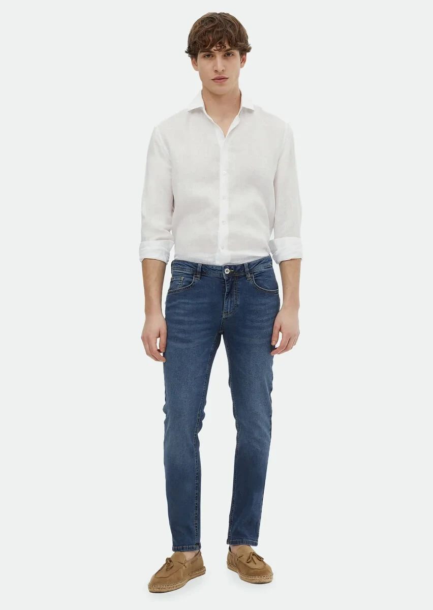İndigo Düz Slim Fit Denim Pamuk Karışımlı Pantolon - 1