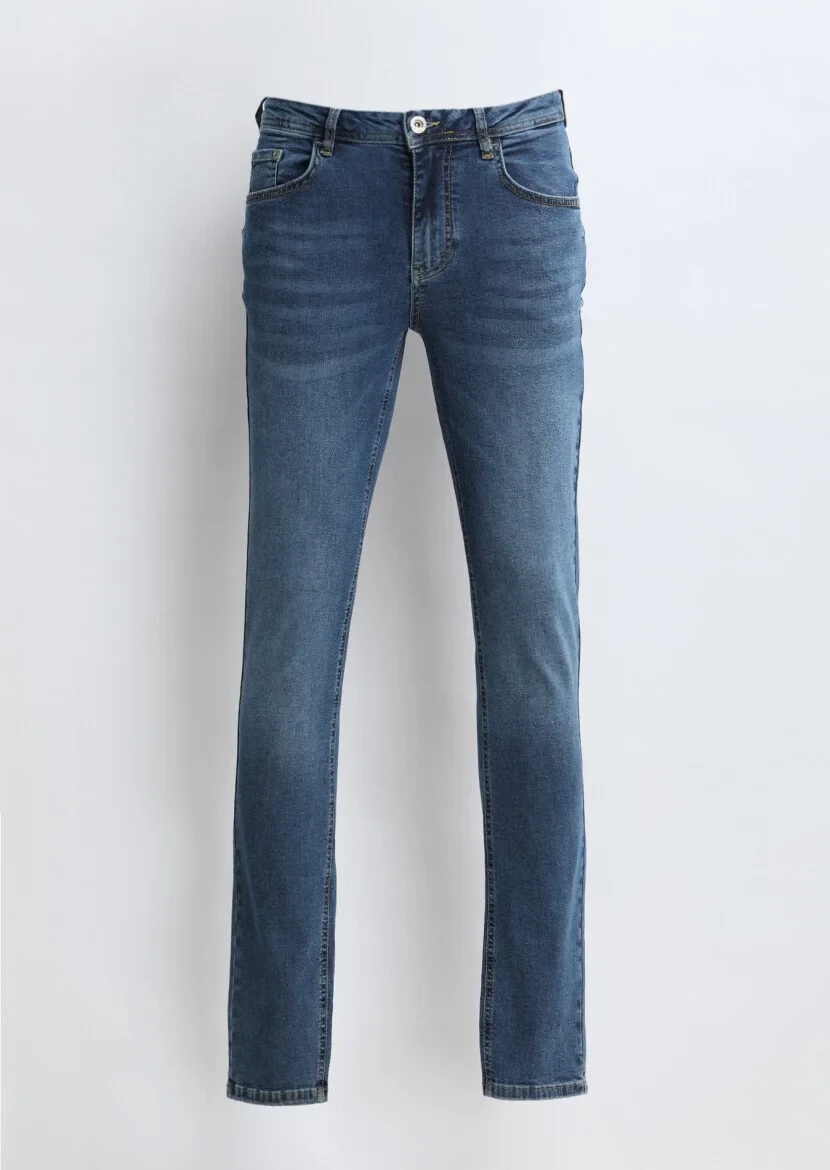 İndigo Düz Slim Fit Denim Pamuk Karışımlı Pantolon - 6