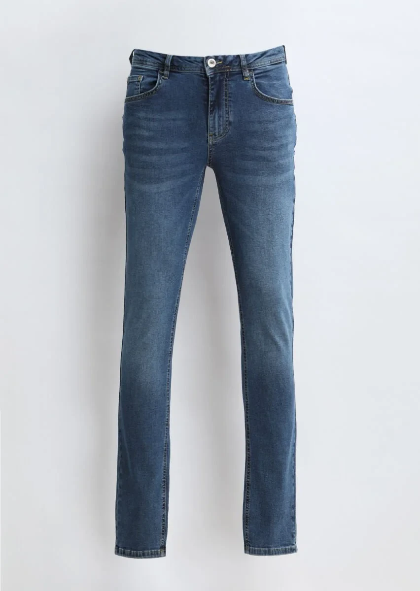 İndigo Düz Slim Fit Denim Pamuk Karışımlı Pantolon - 6