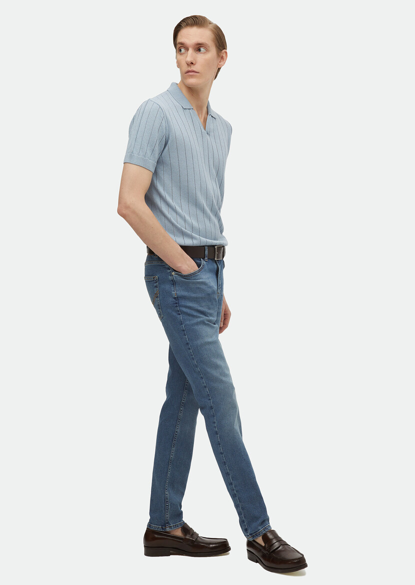 İndigo Düz Slim Fit Denim Pamuk Karışımlı Pantolon - 2