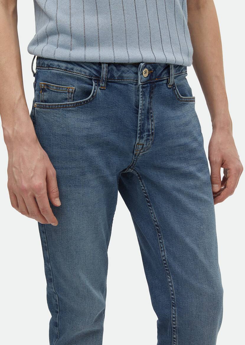 İndigo Düz Slim Fit Denim Pamuk Karışımlı Pantolon - 4