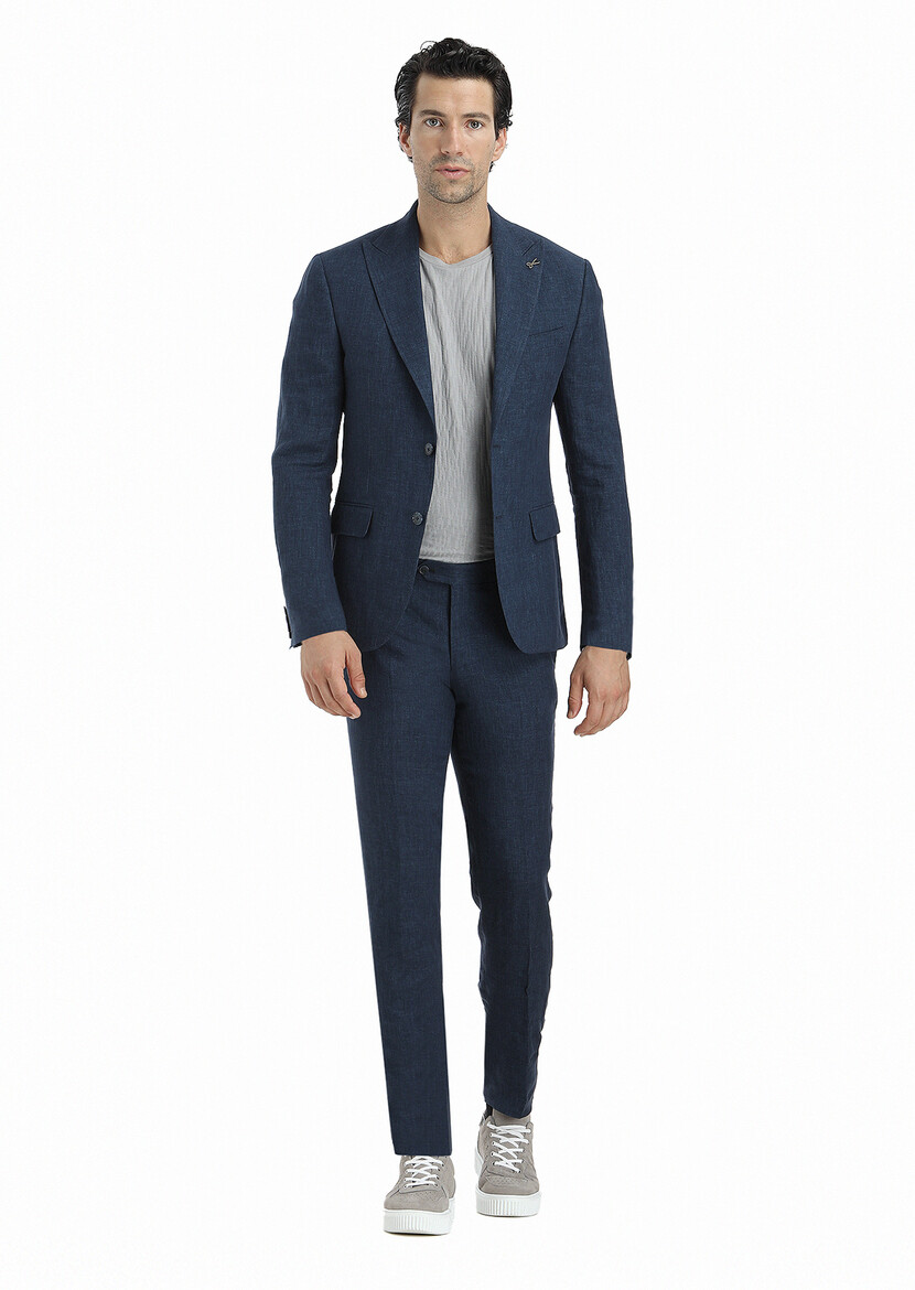 İndigo Düz Zeroweight Slim Fit %100 Keten Takım Elbise - 1