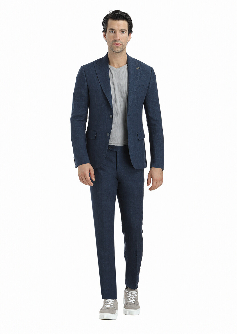 İndigo Düz Zeroweight Slim Fit %100 Keten Takım Elbise 