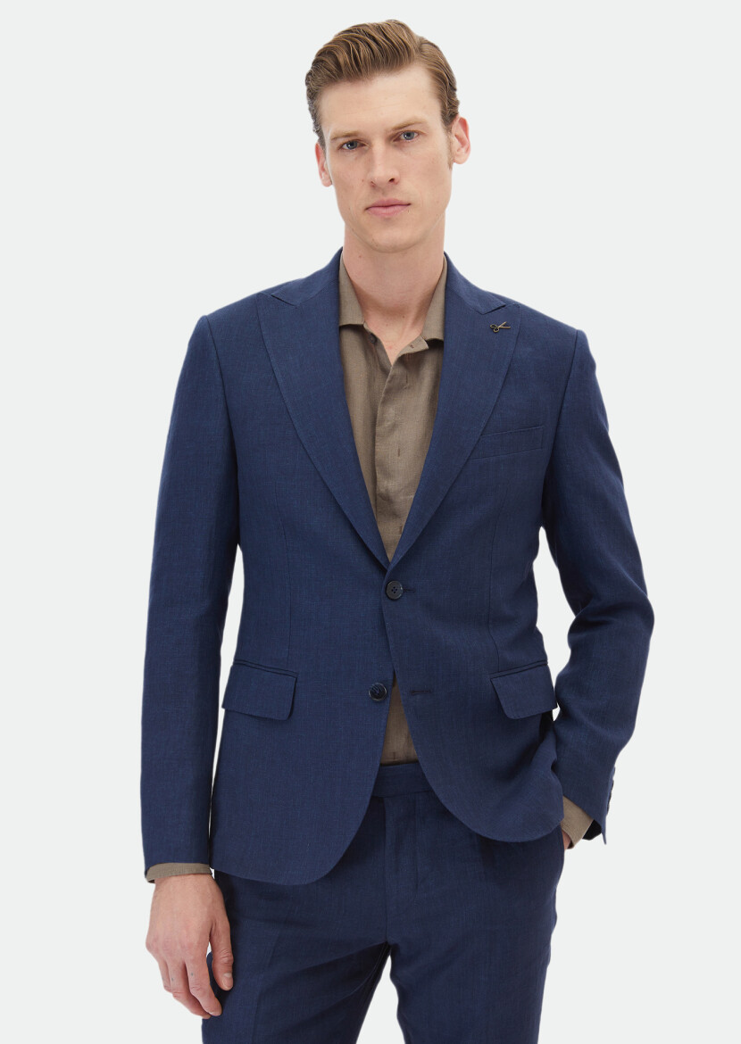 İndigo Düz Zeroweight Slim Fit %100 Keten Takım Elbise 