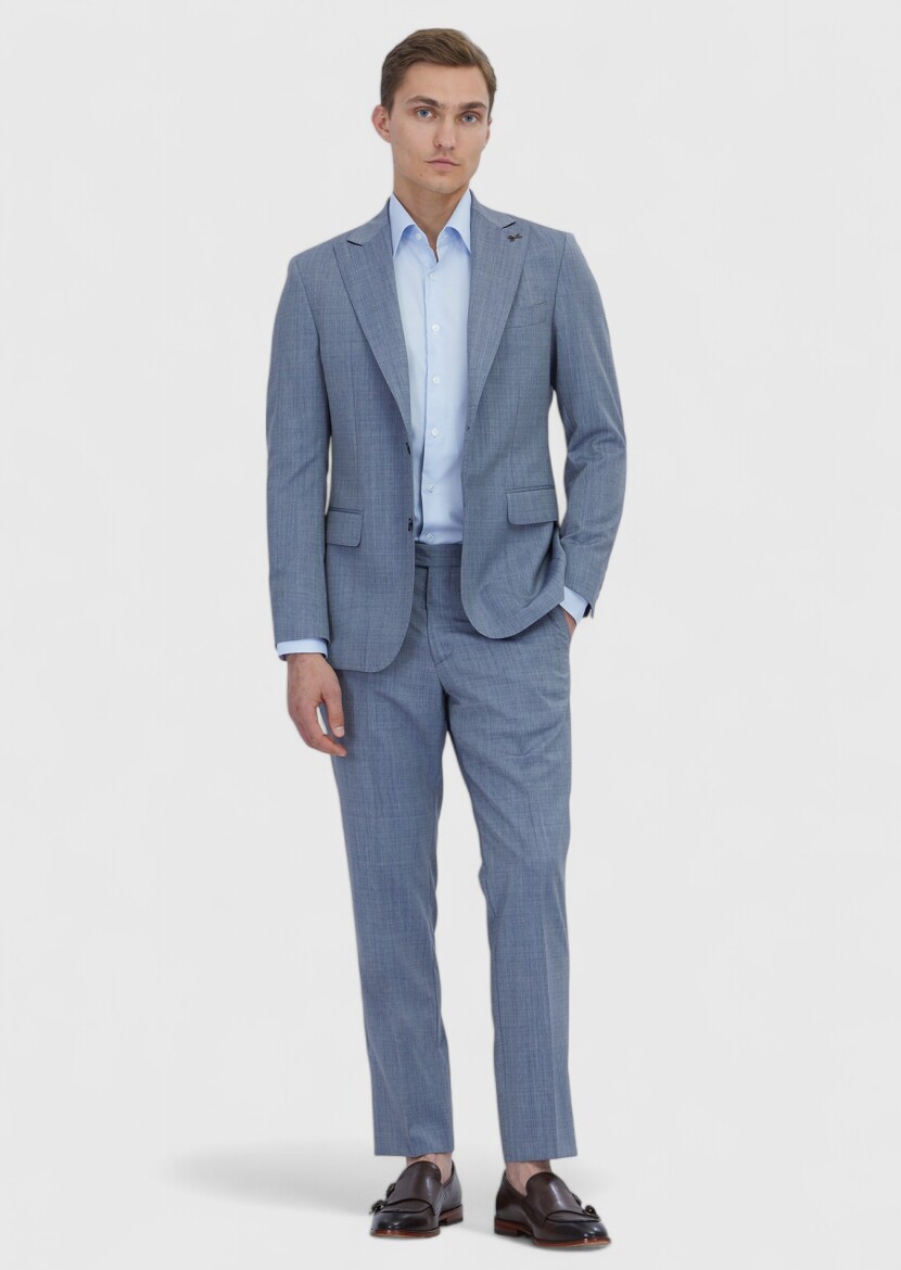 İndigo Düz Zeroweight Slim Fit %100 Yün Takım Elbise - 2