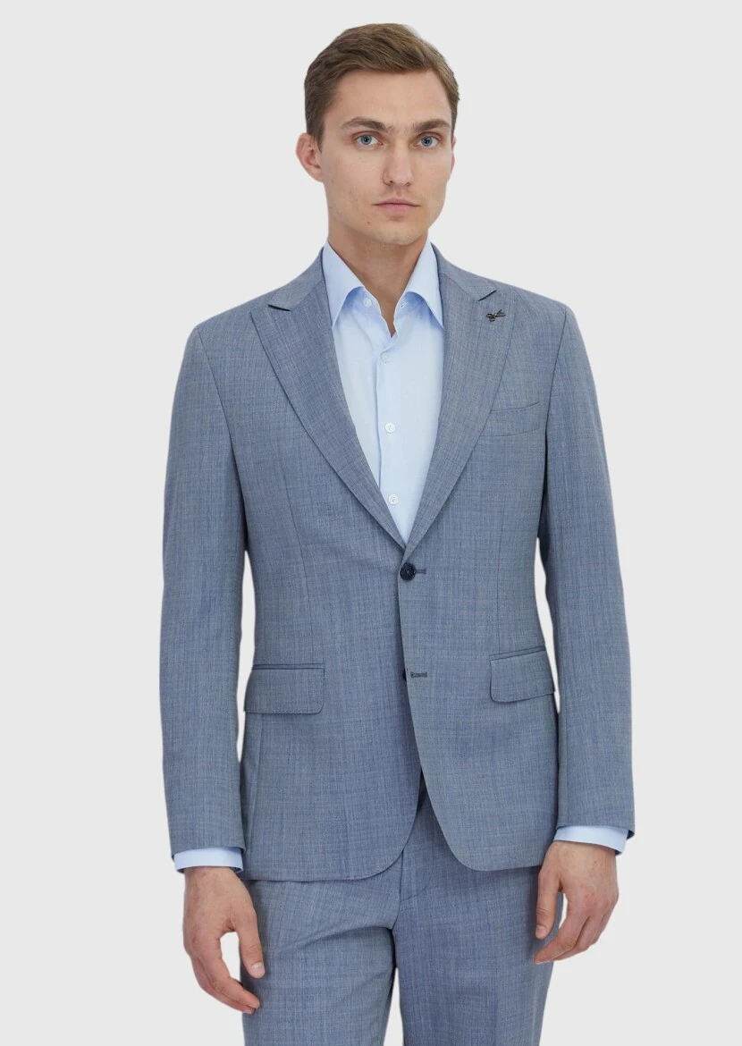 İndigo Düz Zeroweight Slim Fit %100 Yün Takım Elbise - 1