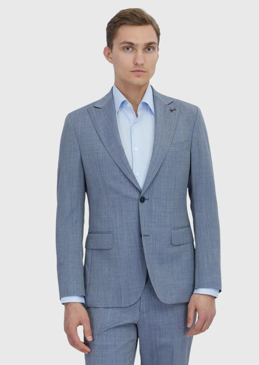 İndigo Düz Zeroweight Slim Fit %100 Yün Takım Elbise - 1