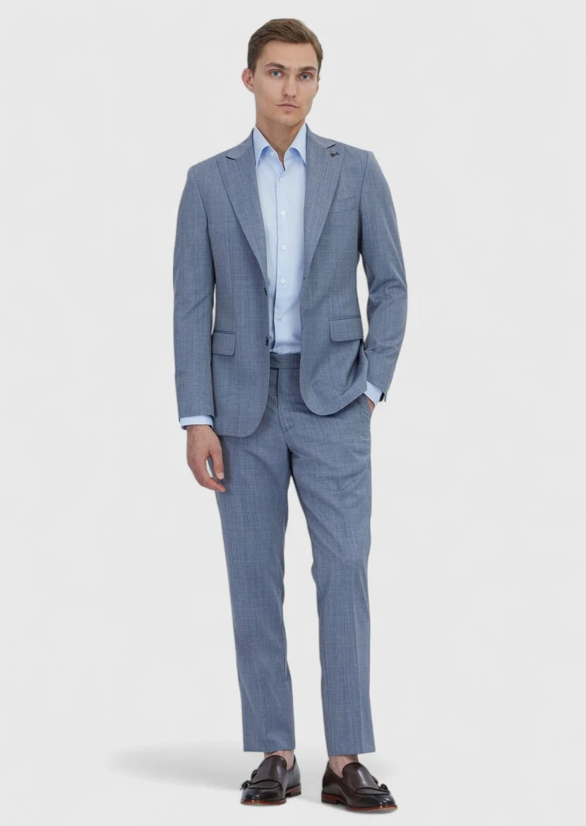 İndigo Düz Zeroweight Slim Fit %100 Yün Takım Elbise - 2
