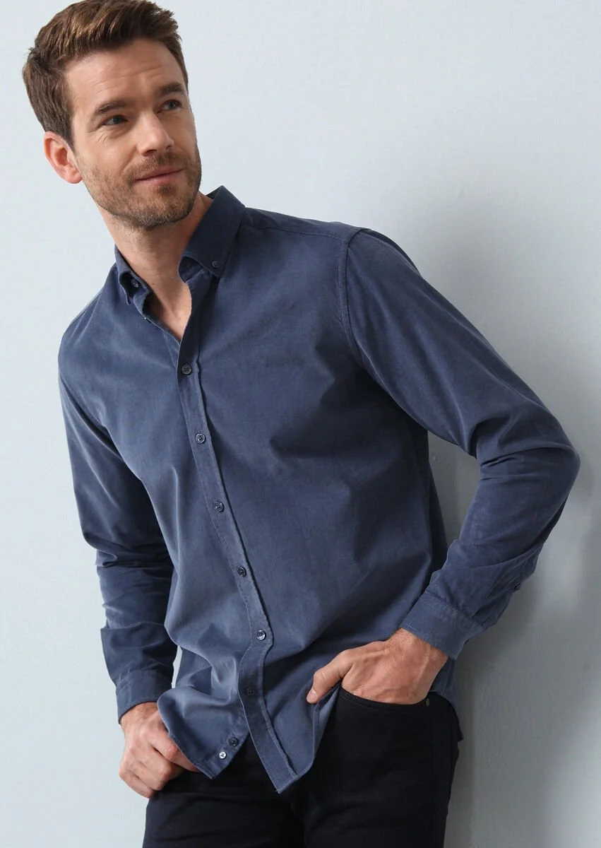 İndigo Fitilli Regular Fit Dokuma Kadife Casual %100 Pamuk Gömlek - 1