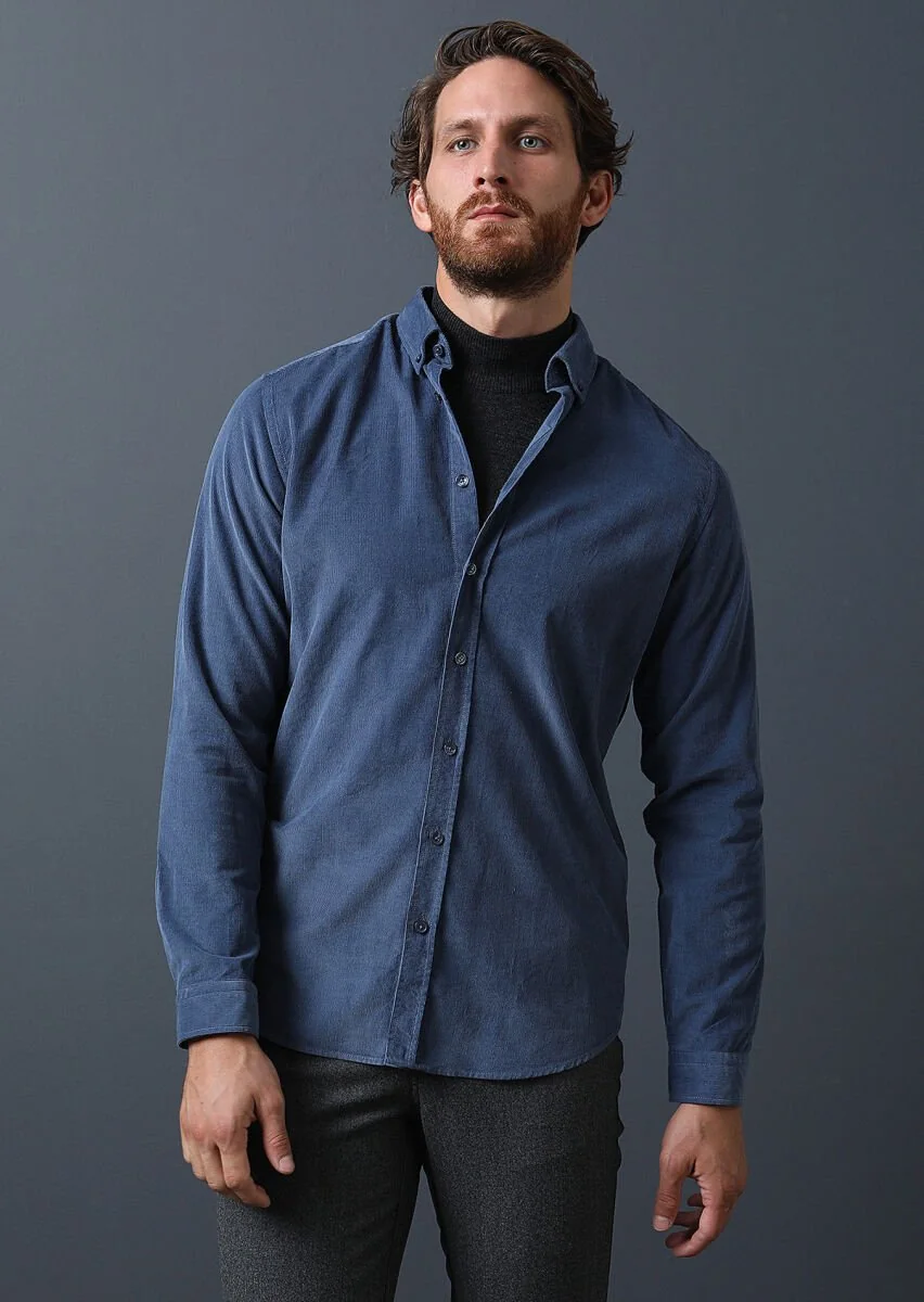 İndigo Fitilli Regular Fit Dokuma Kadife Casual %100 Pamuk Gömlek - 4