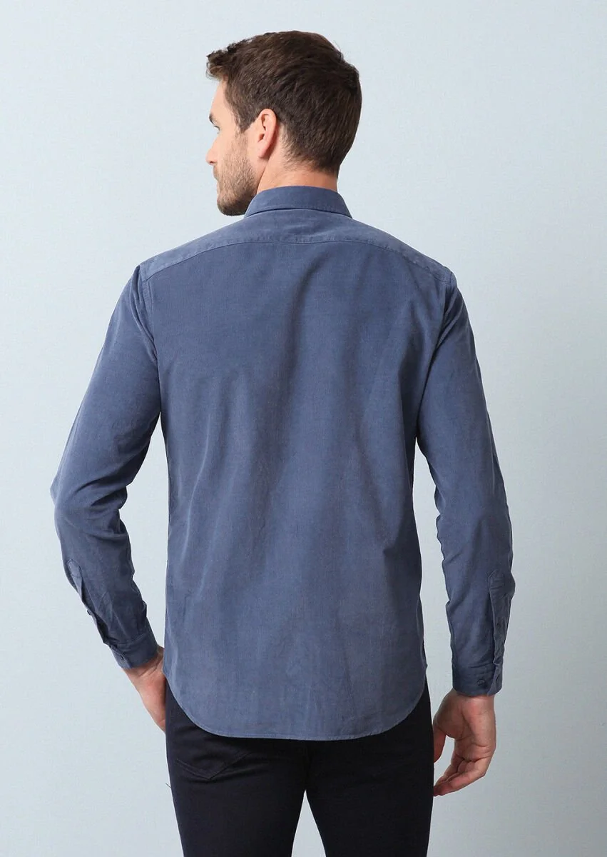 İndigo Fitilli Regular Fit Dokuma Kadife Casual %100 Pamuk Gömlek - 5