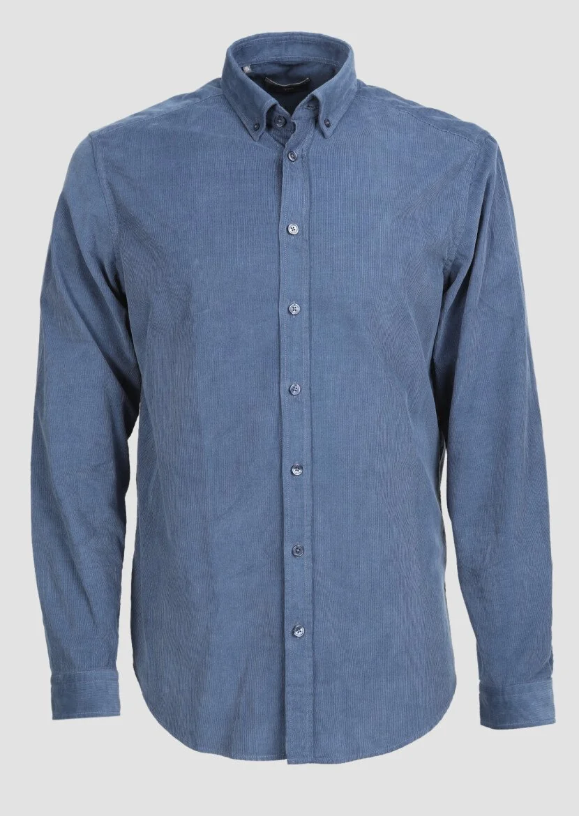 İndigo Fitilli Regular Fit Dokuma Kadife Casual %100 Pamuk Gömlek - 6