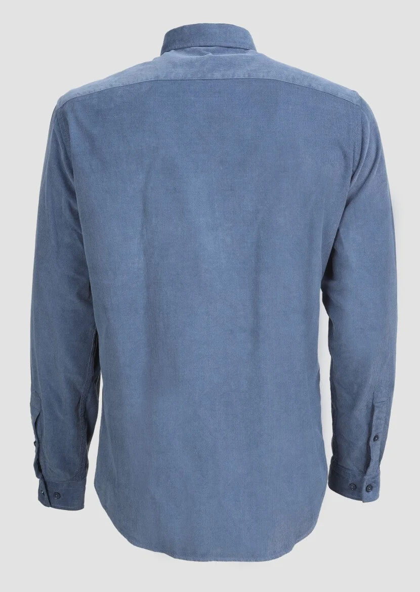 İndigo Fitilli Regular Fit Dokuma Kadife Casual %100 Pamuk Gömlek - 7