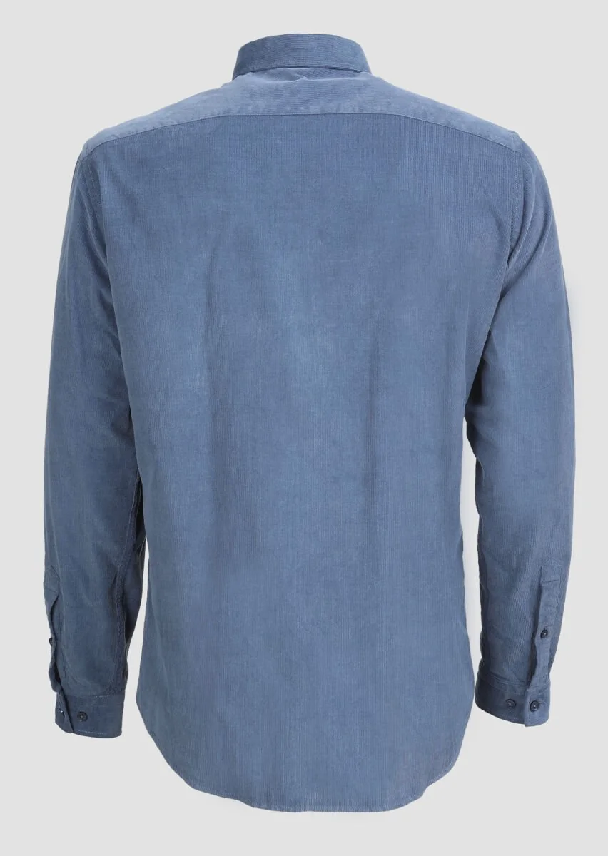İndigo Fitilli Regular Fit Dokuma Kadife Casual %100 Pamuk Gömlek - 7