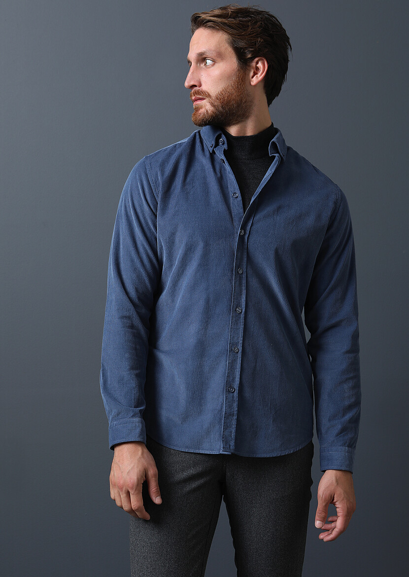 İndigo Fitilli Regular Fit Uzun Dokuma Kadife Casual %100 Pamuk Gömlek - 1
