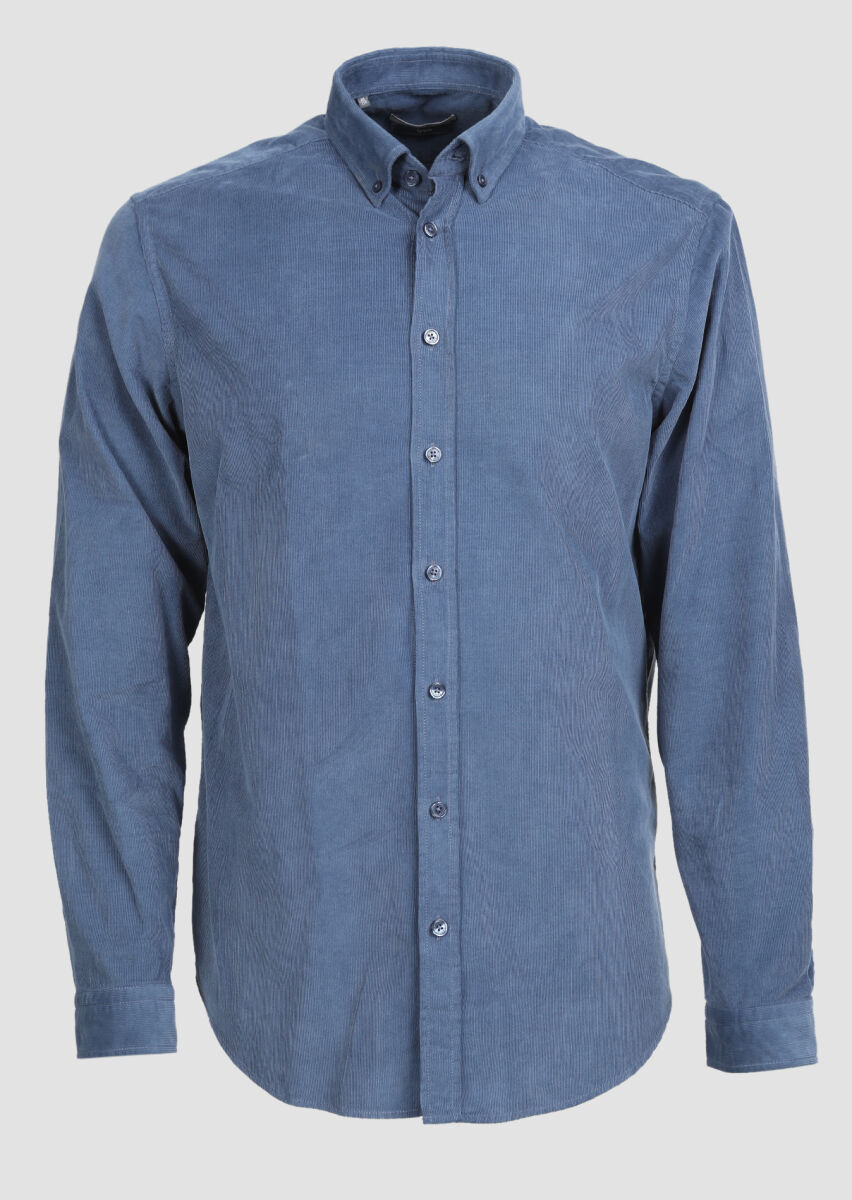 İndigo Fitilli Regular Fit Uzun Dokuma Kadife Casual %100 Pamuk Gömlek - 4
