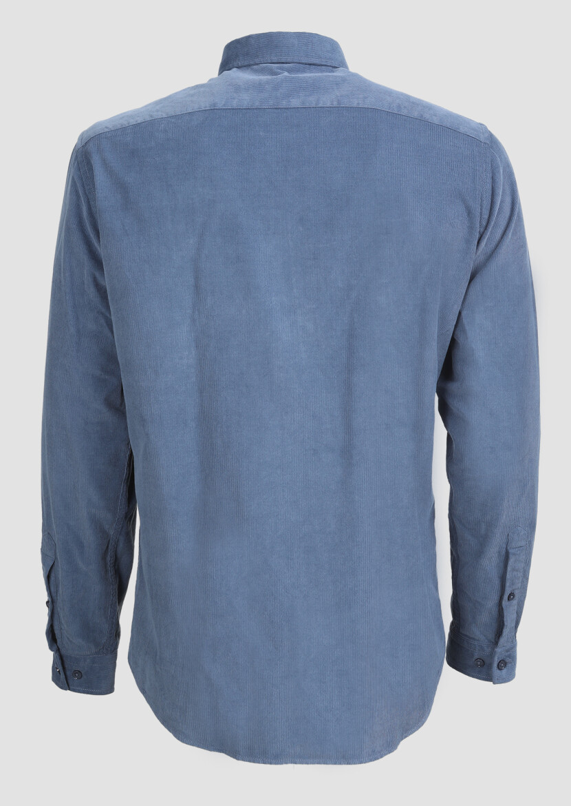 İndigo Fitilli Regular Fit Uzun Dokuma Kadife Casual %100 Pamuk Gömlek - 5