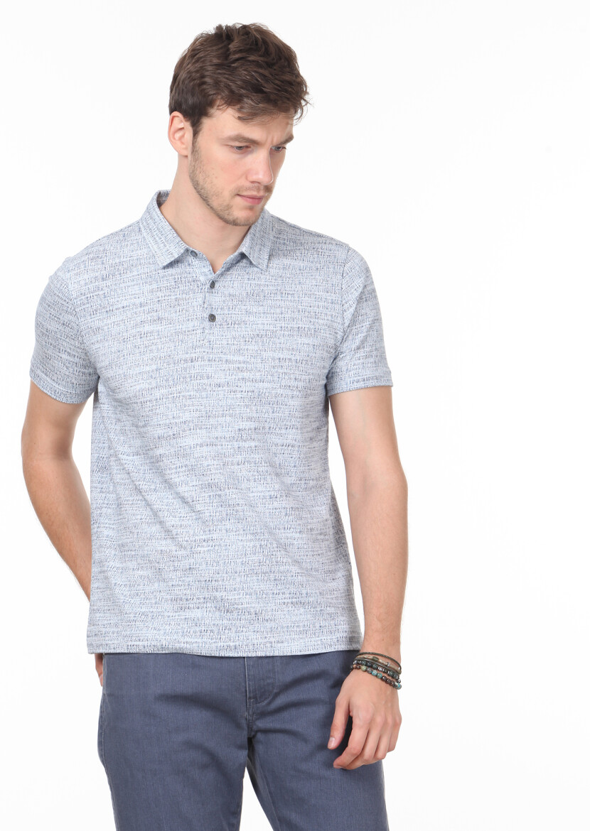 Indigo Jacquard Polo Neck 100% Cotton T-Shirt - 1