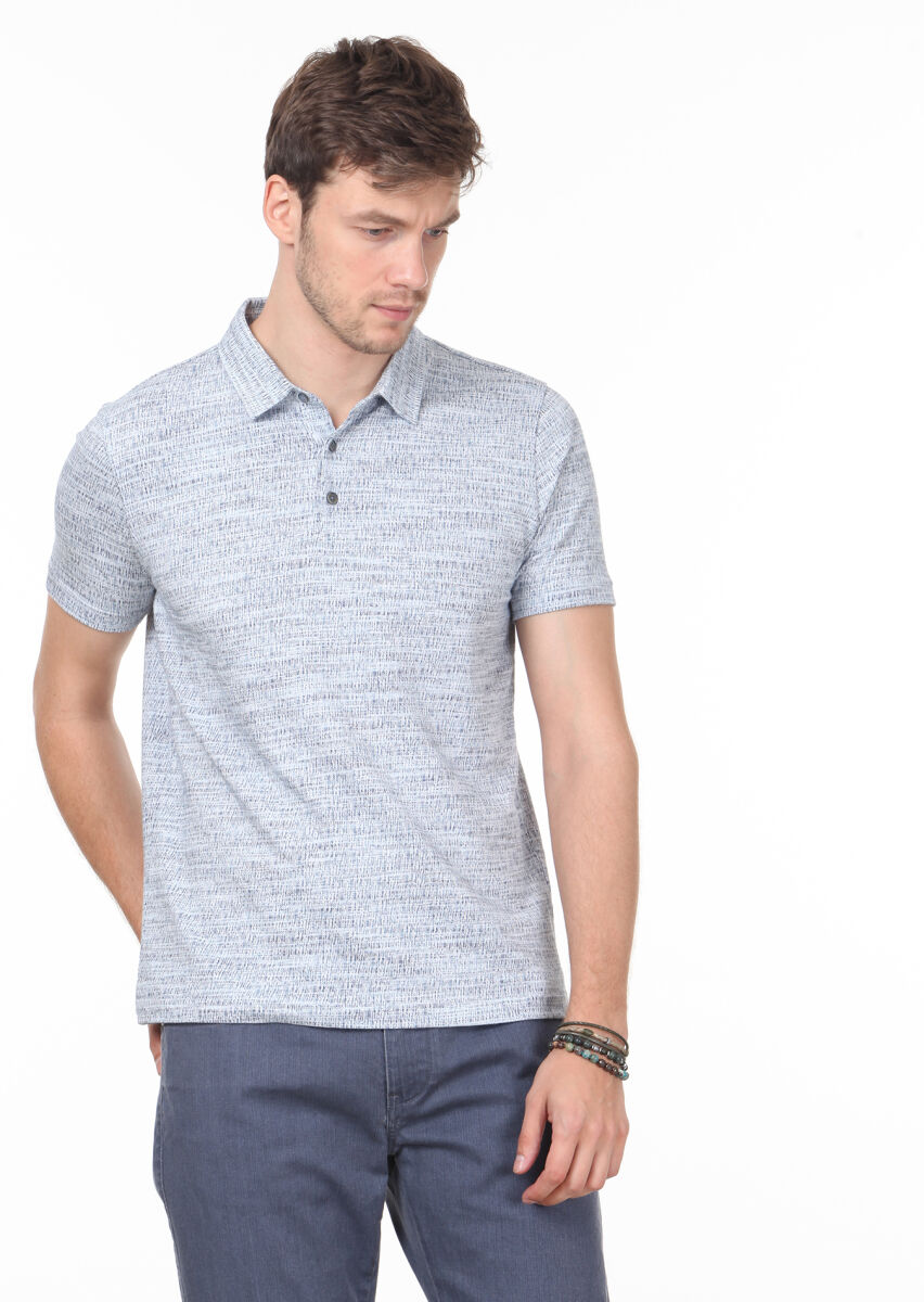 Indigo Jacquard Polo Neck 100% Cotton T-Shirt - 1