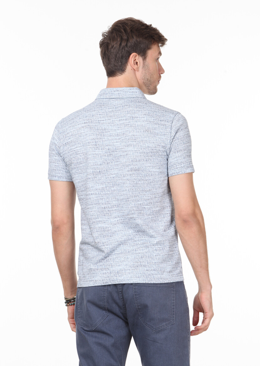 Indigo Jacquard Polo Neck 100% Cotton T-Shirt - 4