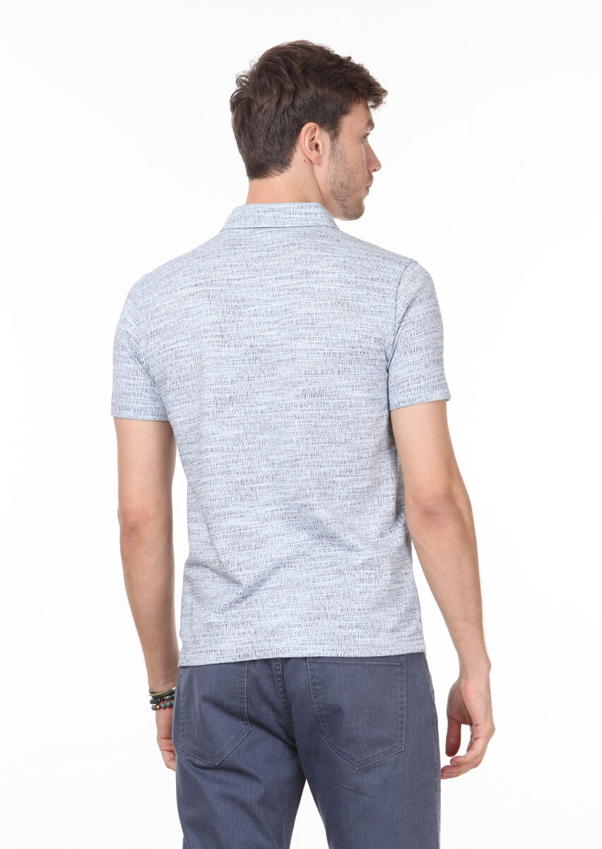 Indigo Jacquard Polo Neck 100% Cotton T-Shirt - 4
