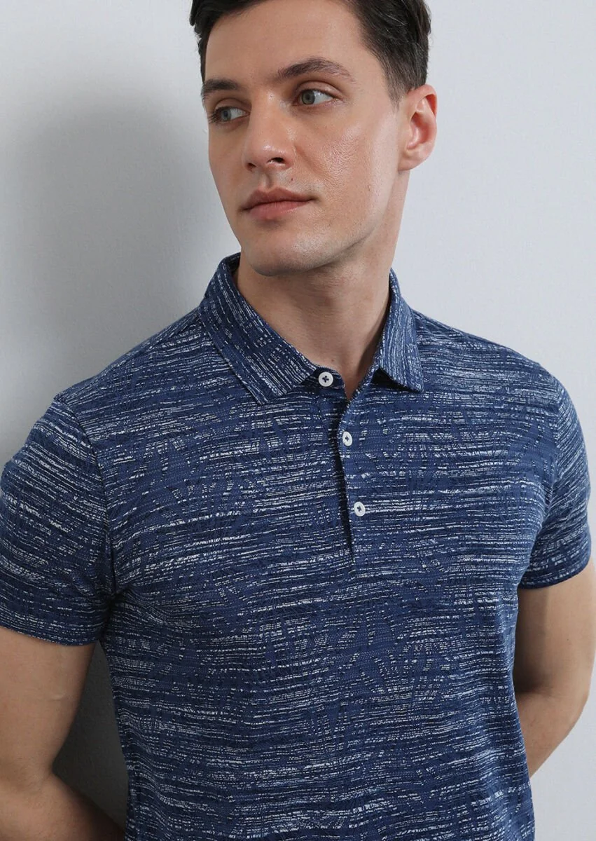Indigo Jacquard Polo Neck 100% Cotton T-Shirt - 1
