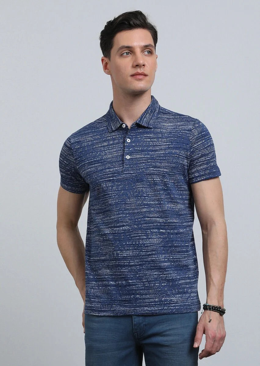 Indigo Jacquard Polo Neck 100% Cotton T-Shirt - 2
