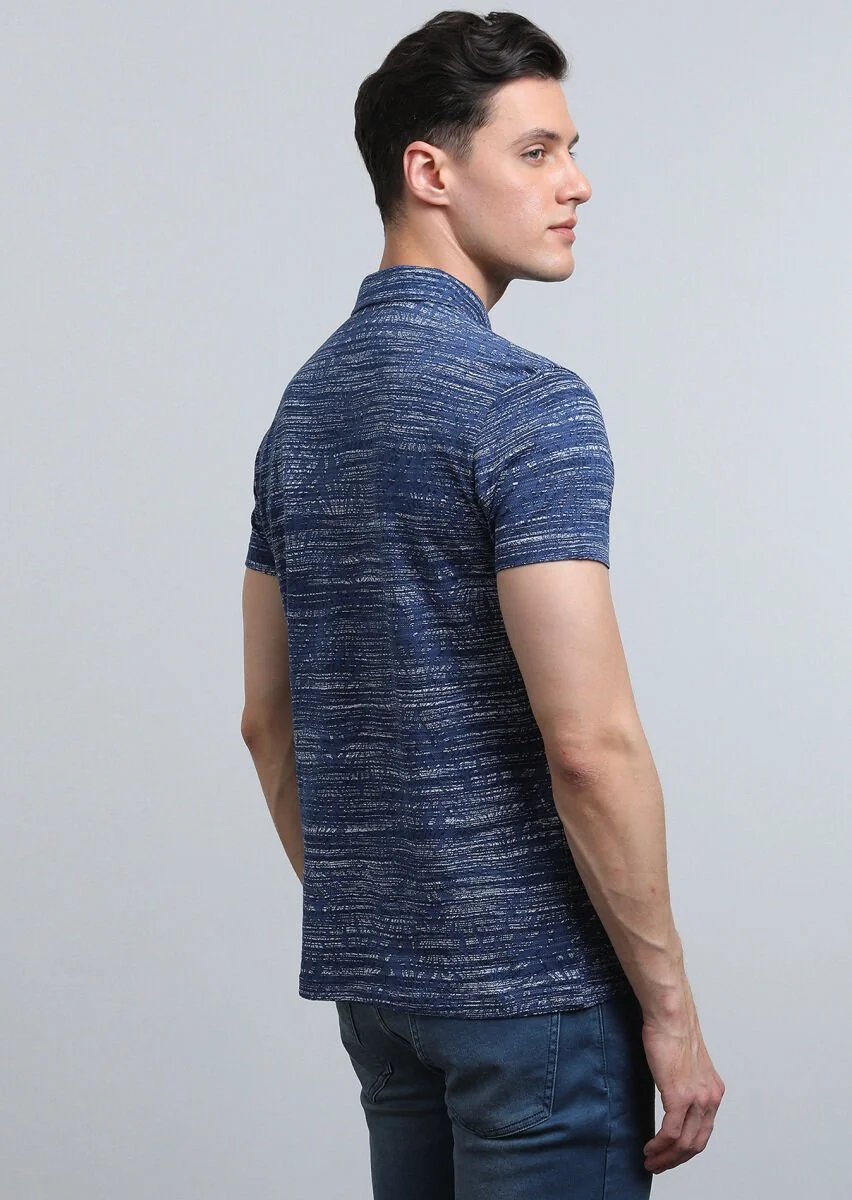 Indigo Jacquard Polo Neck 100% Cotton T-Shirt - 5
