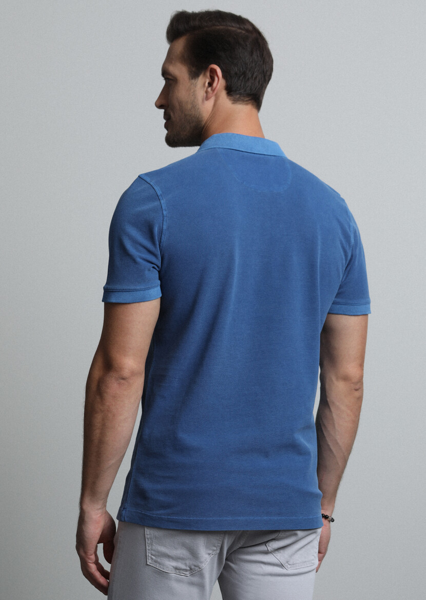 Indigo Jacquard Polo Neck 100% Cotton T-Shirt - 5