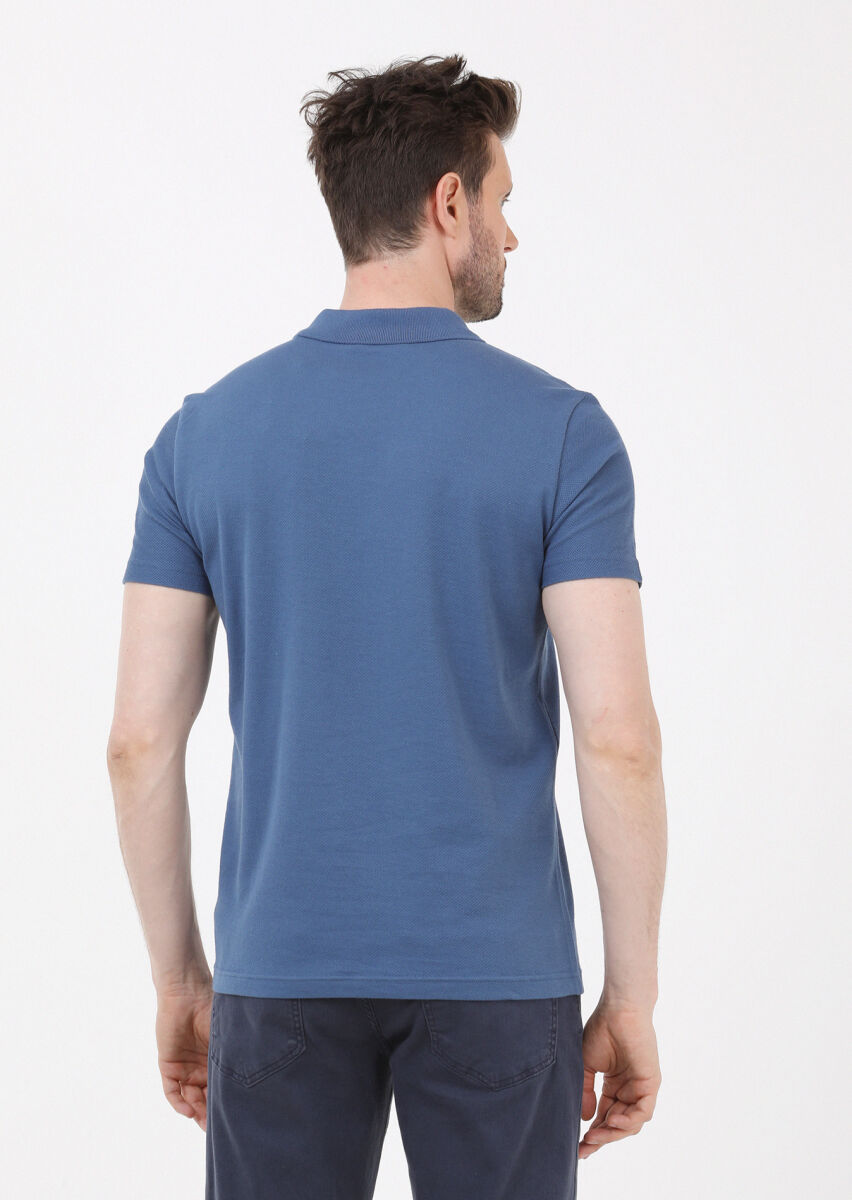 Indigo Jacquard Polo Neck 100% Cotton T-Shirt - 2