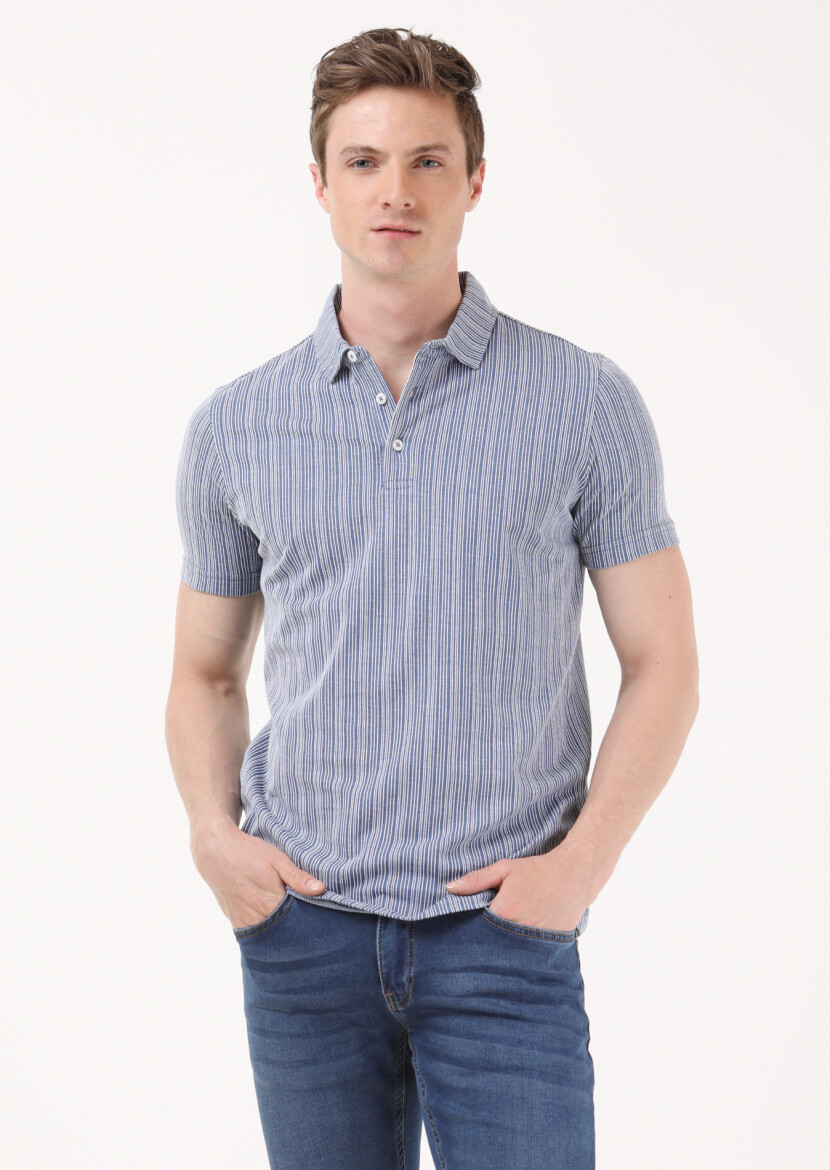 Indigo Jacquard Polo Neck 100% Cotton T-Shirt - 1