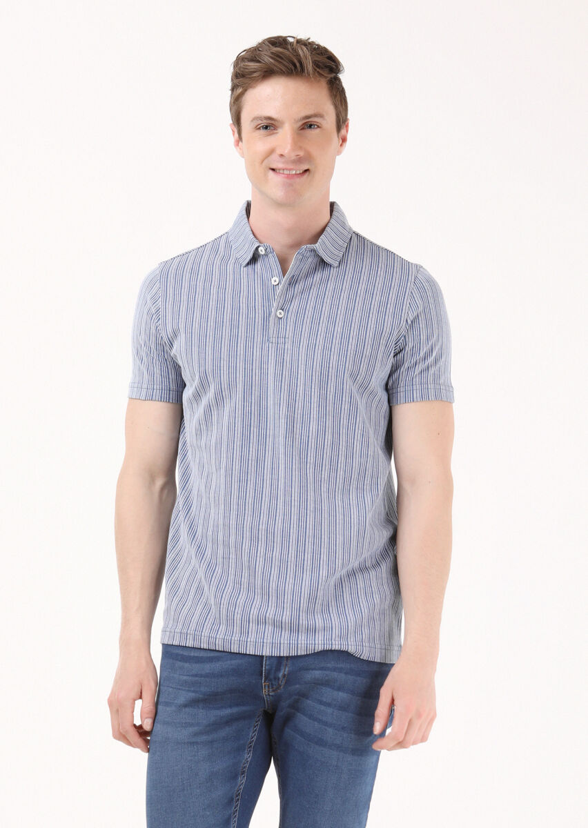 Indigo Jacquard Polo Neck 100% Cotton T-Shirt - 2