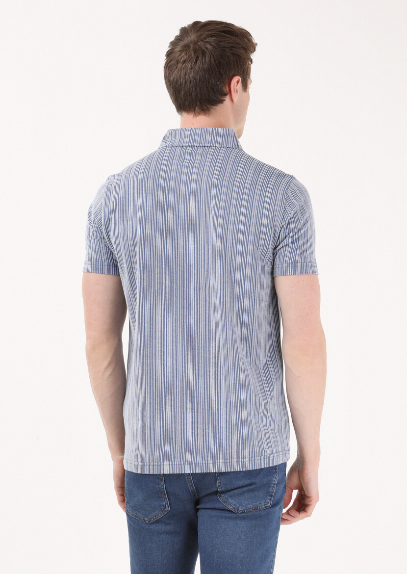 Indigo Jacquard Polo Neck 100% Cotton T-Shirt - 3