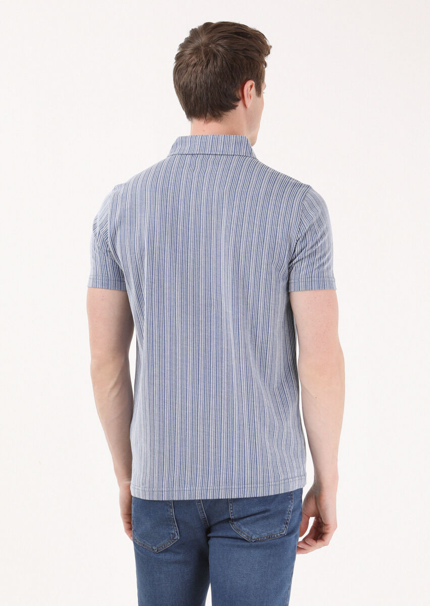 Indigo Jacquard Polo Neck 100% Cotton T-Shirt - 3