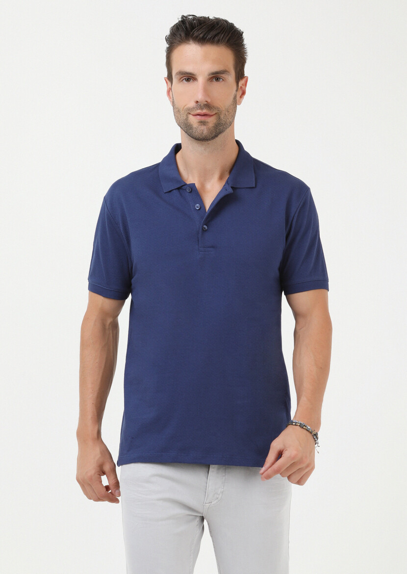 Indigo Jacquard Polo Neck 100% Cotton T-Shirt - 1